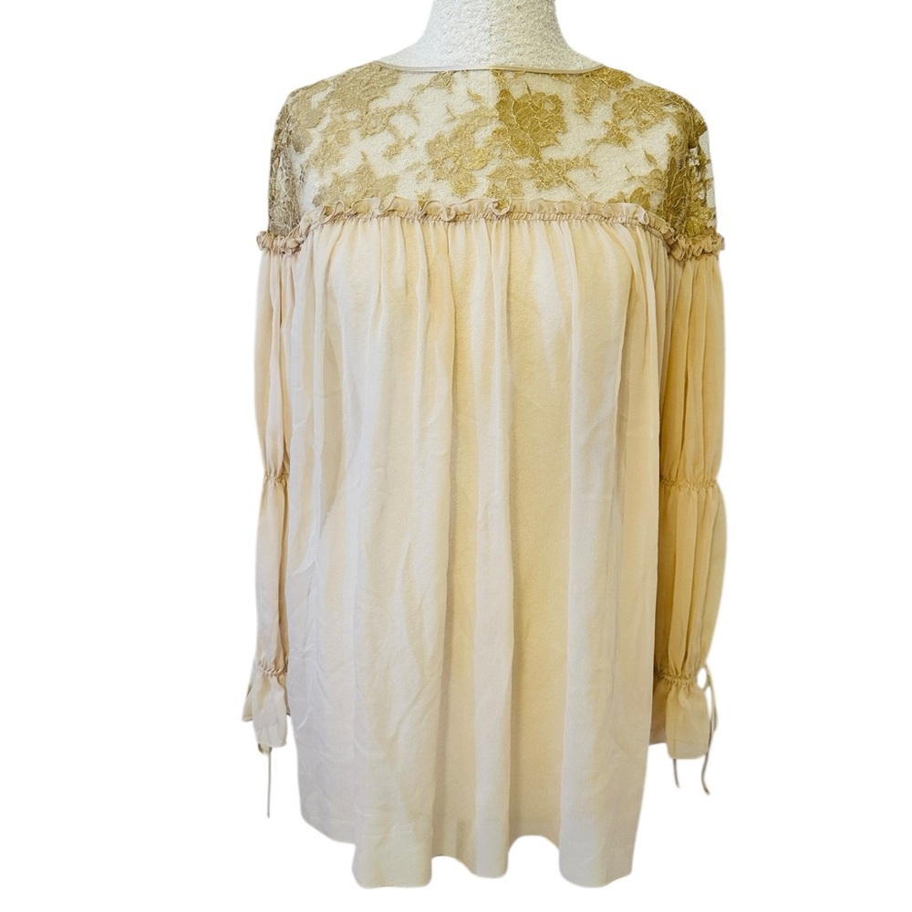 Elegant Cream silk chiffon and Gold Lace Blouse